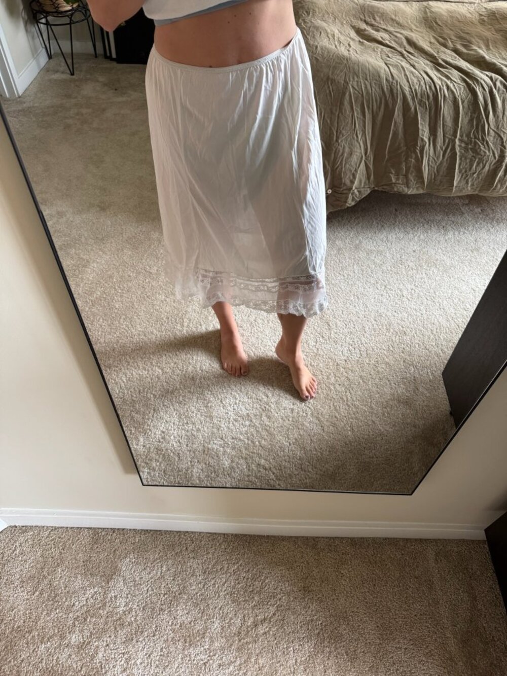 Vintage White Midi Slip Skirt with Lace Hem Medium